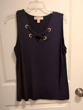 Michael Kors Navy Sleeveless Lace-Up Tank with Gold Eyelets